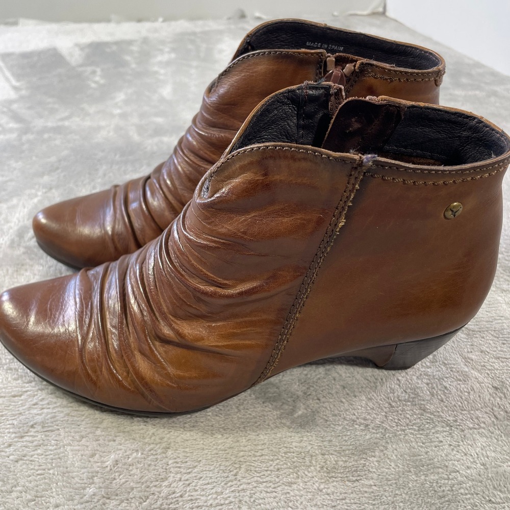 Pikolinos Ankle Booties Womens EU 38 Cognac Brown Leather Ruched Spain Zipper - Picture 3 of 8